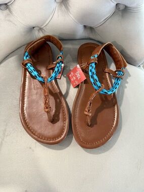 Free People Brown Sandals with Bright Blue Braided Straps